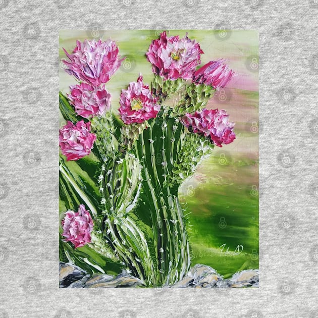 cactus painting with pink flowers by roxanegabriel